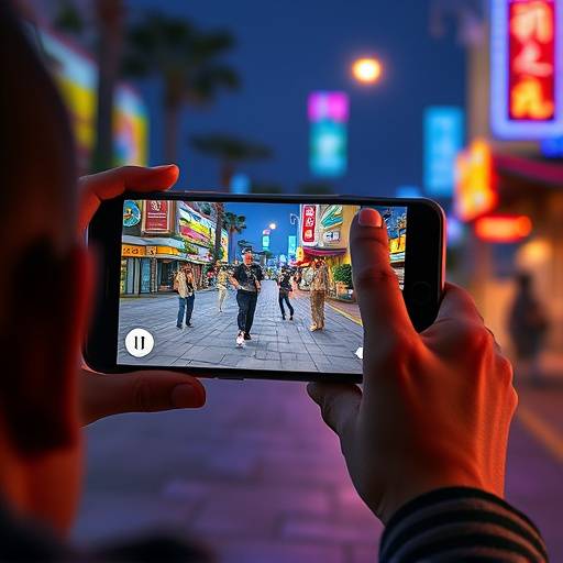 A person playing an AR mobile game on their phone, with virtual characters overlaid on their real-world environment.