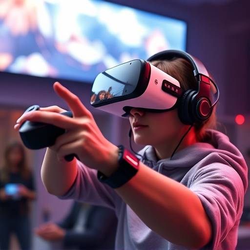 A person wearing a VR headset and holding motion controllers, immersed in a virtual gaming world.