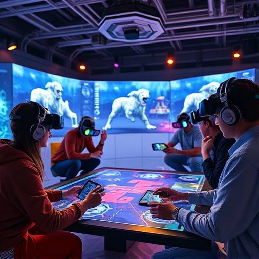Multiple users interacting with an AR game on tablets, positioned around a virtual game board projected onto a table.