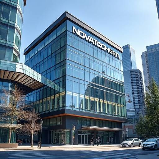 NovaTech Gaming headquarters building in downtown Toronto, featuring modern architecture and the company logo.